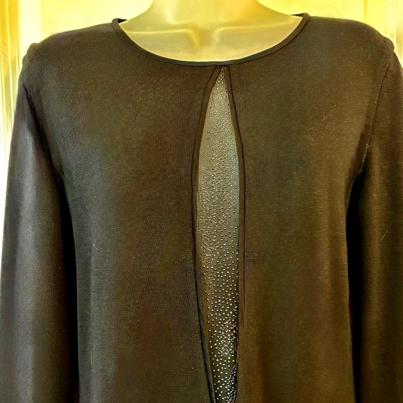 St. John Couture. A Black Wool Long-Sleeve Evening Gown with Beaded Mesh Insert - Picture 1 of 6